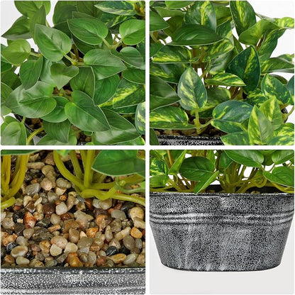 Artificial Plants Indoor 5.9" Faux Plant in Metal Pot, Small Fake Potted Plants with 2 Mixed Leaves Greenery Silk Plant for Living Room Desk Office Table Kitchen Farmhouse Shelf Home Vintage Decor