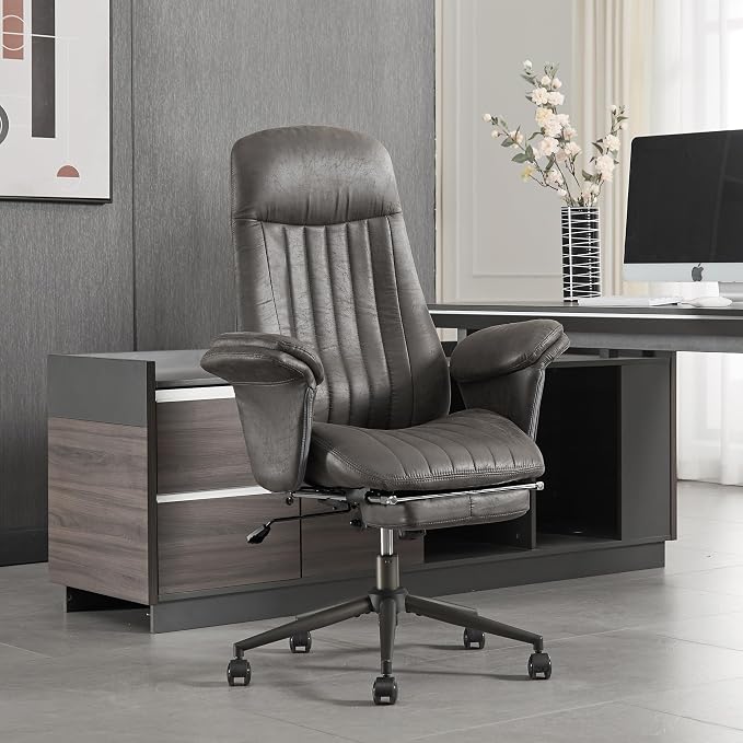 Home Office Ergonomic Chair with Footrest, Modern Luxury Faux Suede Leather Chairs, Comfy High Back Computer Swivel Rolling Task Armchair for Executive, Grey Color