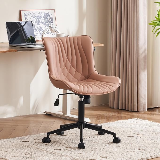 YOUTASTE Pink Modern Office Chair, Faux Leather Armless Desk Chair with Wheels, Height Adjustable, Swivel, Rocking, 300 lbs Capacity, Metal Base, for Home Office Vanity