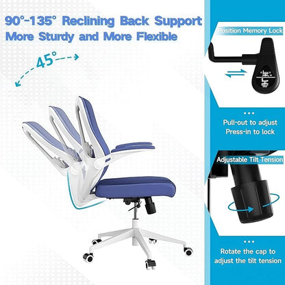 Ergonomic Office Chair - 350LB Comfy Desk Chairs with Lumbar Back Support, Mesh Computer Chairs with Wheels and Arms for Home Office, Study (Blue-Without Headrest)