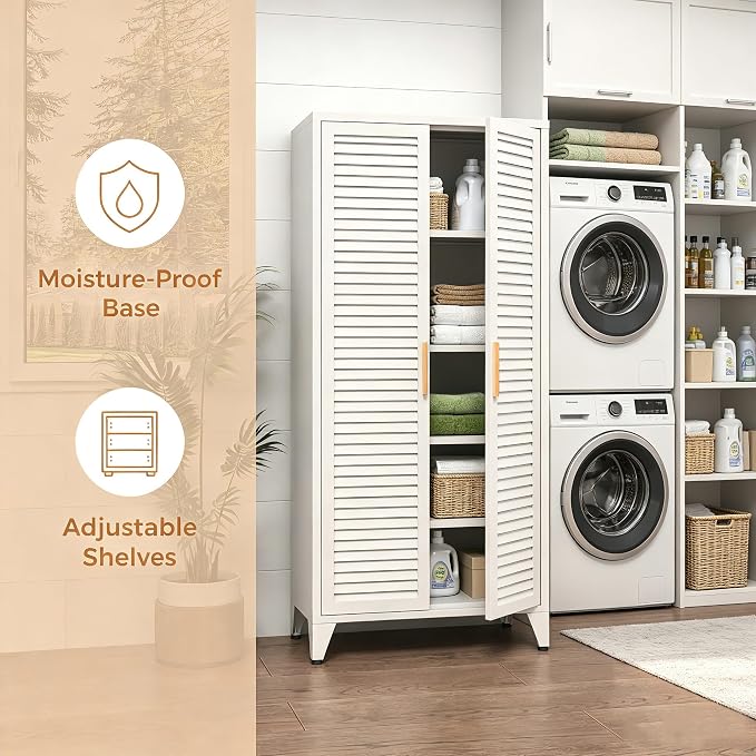 kastfh White Metal Storage Cabinet with Doors and 3 Adjustable Shelves, 61" Tall 4-Tier Pantry Storage Cabinet for the Kitchen, Living Room, Bedroom, Home, Bathroom and Office