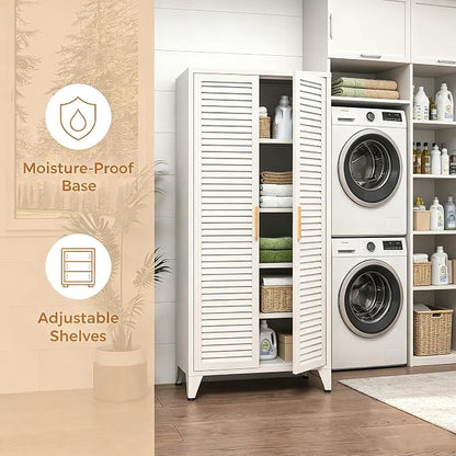 kastfh White Metal Storage Cabinet with Doors and 3 Adjustable Shelves, 61" Tall 4-Tier Pantry Storage Cabinet for the Kitchen, Living Room, Bedroom, Home, Bathroom and Office