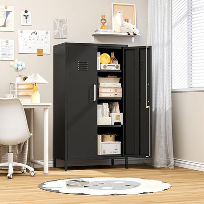 pozdeg 47.24" Metal Storage Locker with Lockable, Employees Metal Steel Locker with 2 Door ＆ 3 Adjustable Shelves, Small Locker Storage Cabinets for Home, School, Office, Gym (Black)