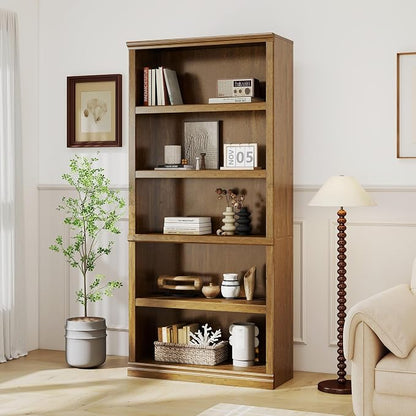 blini 5-Shelf Tall Bookcase Wooden Bookshelves 33in Wide Floor Standing Display Storage Shelves Vintage Oak Bookcase for Home Office, Living Room, Bed Room