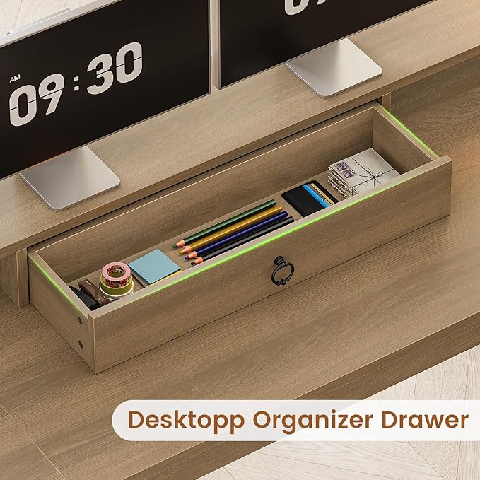SEDETA 63" Rattan L Shaped Desk with Drawers, Farmhouse Corner Computer Desk, Wood Office Desk with File Drawers with Storage, Executive Desk with Monitor Stand and Storage Cabinet, Oak