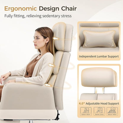 Big and Tall Office Chair 500LBS, Ergonomic High Back Leather Executive Chair, Reclining Swivel with Adjustable Armrests Lumbar Support Footrest, Cross Legged, Beige