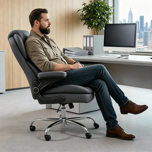 Office Chair, Home Desk Chair, Ergonomic Computer Chair with Lumbar Support, Executive Leather Chair with Flip-Up Armrests, Big and Tall Swivel Rolling Chair, Grey