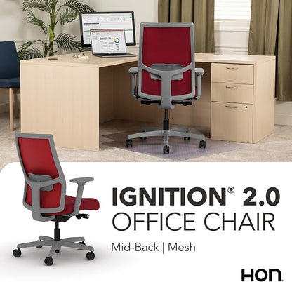 HON Ignition 2.0 Mid‑Back Ergonomic Office Chair, Mesh Task Seating with Lumbar Support, Advanced Synchro‑Tilt, Height and Width Adjustable Arms, Titanium Frame, Bullseye