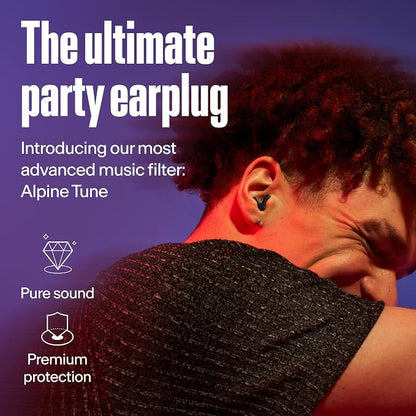 Alpine Tune Earplugs, Concert Ear Plugs for Noise Reduction, High Fidelity Music Quality, 19dB Hearing Protection with Crystal Clear Sound, Incl. 4 Sizes, for Parties, Raves, Festivals & Clubs, Black