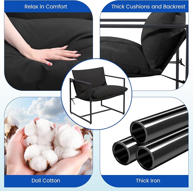 Kromax Sling Accent Chair, Set of 2, Cozy Living Room Chairs, Square Metal Frame, Upholstered Soft Cushion, Sponge, 28" x28“x32, Easy Assembly, Black