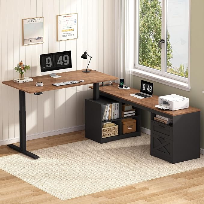 YOMILUVE Farmhouse L Shaped Standing Desk, 66 inch Corner Electric Standing Desk with Drawers ＆ Storage Shelves, Height Adjustable Computer Desk with Power Outlets for Home Office (Black and Brown)