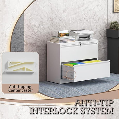 2 Drawer Lateral File Cabinet with Lock, File Cabinet, Metal Lateral Filing Cabinets for Home Office, File Storage Cabinet for Legal/Letter/A4 Documents, Assembly Required (White, 35'W)