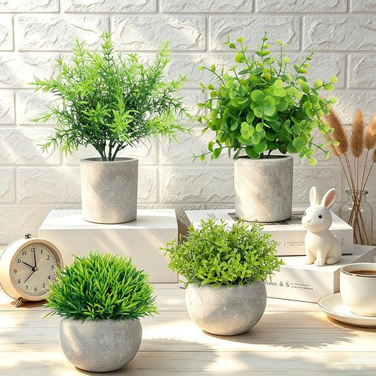 ZAIYW 4 Pack Small Fake Plants Indoor, Mini Potted Artificial Plants Eucalyptus Rosemary for Home Kitchen Office Balcony Desk Table Farmhouse Bathroom Shelf Decor