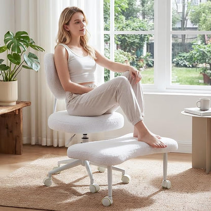 Cross Legged Office Chair with Wheels, 360 Swivel Height-Adjustable Meditation Chair with Lumbar Support, White