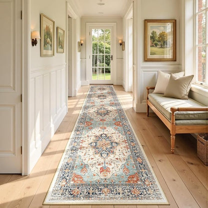RELEANY Area Rugs Runner 2'6"x10' Washable Non-Slip, Floral Vintage Distress Medallion Carpet for Kitchen Hallway Bedroom Beside Laundry Room Bathroom, Beige Navy Blue Orange Colorful