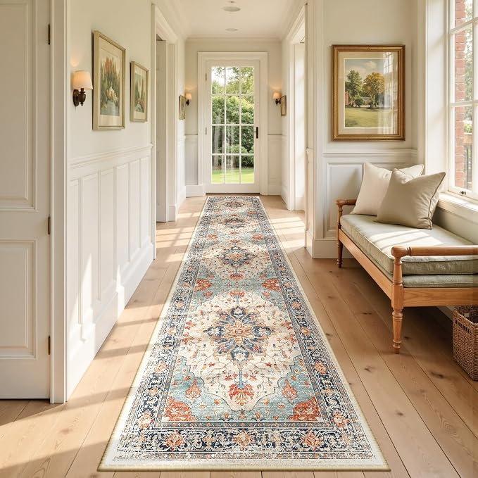 RELEANY Area Rugs Runner 2'6"x12' Washable Non-Slip, Floral Vintage Distress Medallion Carpet for Kitchen Hallway Bedroom Beside Laundry Room Bathroom, Beige Navy Blue Orange Colorful