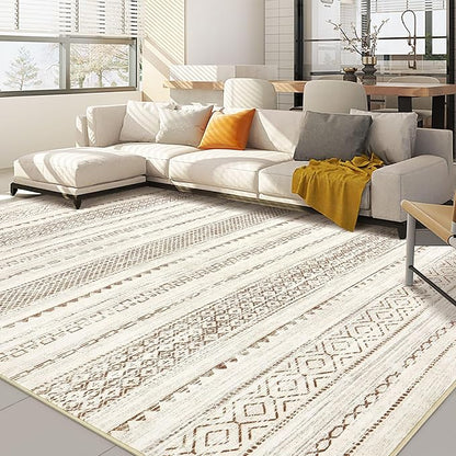 Nakagishi 9x12 Area Rug Living Room: Washable Boho Large Neutral Modern Soft Farmhouse Rugs Stain Resistant Indoor Floor Non-Slip Carpet for Bedroom Nursery Kids Playroom Office Dining Room- Brown