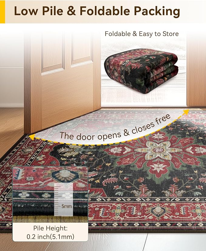 RELEANY Area Rugs Small 2'6"x4' Washable Non-Slip, Floral Vintage Distress Medallion Carpet for Kitchen Entryway Bathroom, Red Black