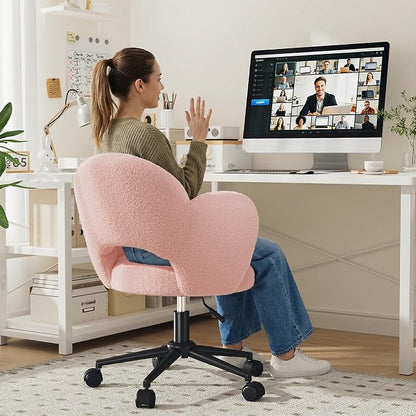 Homkdom Petal Vanity Chair with Wheels, 3.94" Thick Comfy Desk Chair, Swivel Armless Chair with Open Back and Adjustable Height, Ideal for Makeup Study Work and Relaxation, Pink