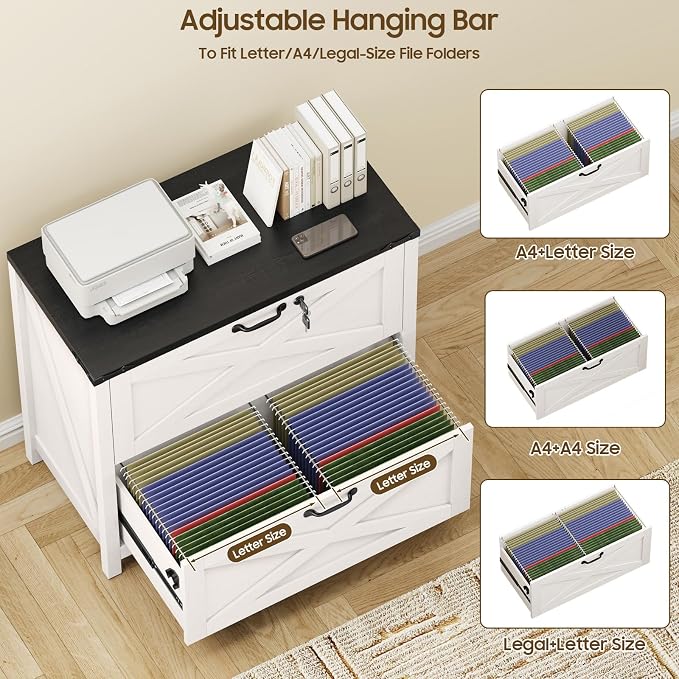 Befrases Farmhouse File Cabinet, Lateral Filing Cabinet with 2 Drawers with Lock for Letter/A4 Size Hanging Files, Large Wooden Printer Stand File Storage Cabinet for Home Office, White and Black