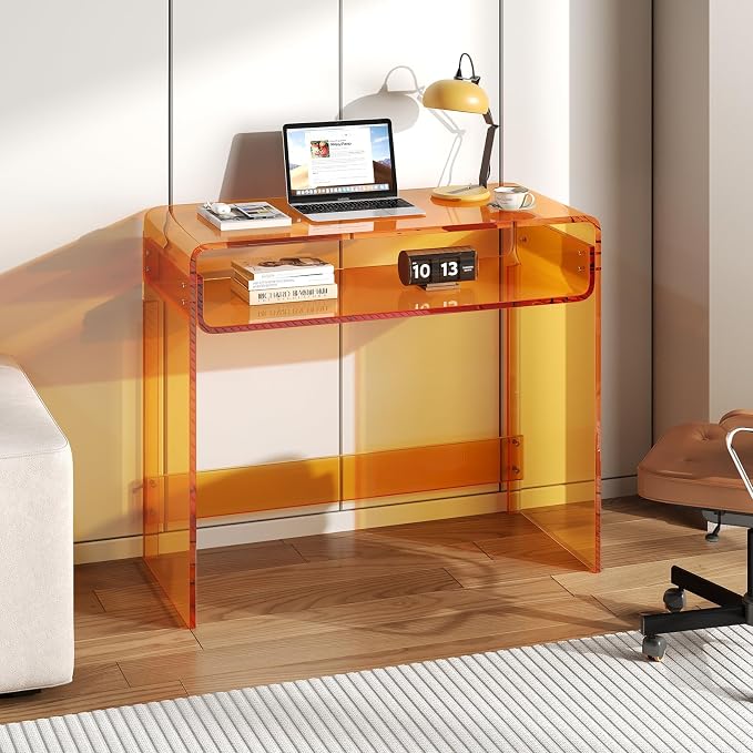 Acrylic Office Desk, Modern Laptop Writing Study Table with Open Storage, Orange Console Entryway Table, 33.5" L x 15.8" W x 29.5" H, for Home, Bedroom