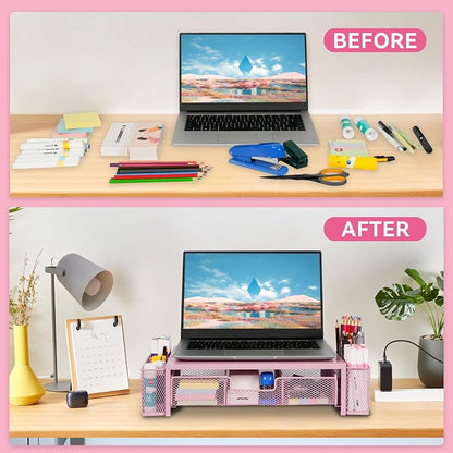 Qupui Computer Monitor Stand Riser with Drawer and Pen Holders, Desk Organizer Shelf and Accessories, Office Desk Accessories, Office Organization, Pink