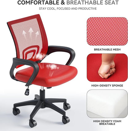 Office Chair, Ergonomic Mid-Back Mesh Desk Chair with Lumbar Support, Adjustable Height Computer Chair with Rolling Wheels Design,Comfy Armrest for Work, Study, Gaming, 8 Pack, Red