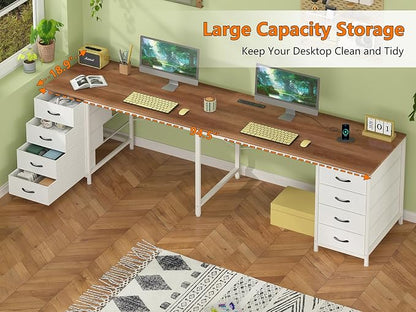 YOMILUVE 95'' Two Person Desk with 8 Drawers, Long Office Desk with Charging Station, 2 Person Desks Double Desk Writing Study Table for Home Office, Brown and White