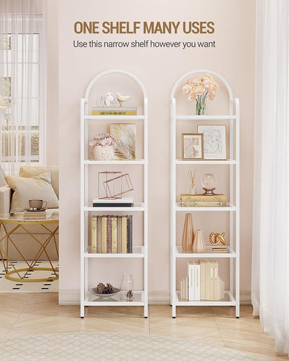 Hzuaneri Bookcase Bookshelf, Tempered Glass Bookshelves, Slim Shelving Unit for Bedroom, Bathroom, Home Office, Steel Frame, 5 Tier White BC05099W