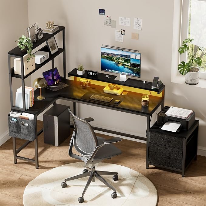 REAHOME 70 Inch L Shaped Desk with File Drawers and Reversible Storage Shelves, Computer Desk with Power Outlet & LED Strip, Home Office Desks, Writing Study Desk for Bedroom, Carbon Fiber Black