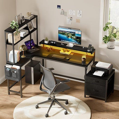 REAHOME 70 Inch L Shaped Desk with File Drawers and Reversible Storage Shelves, Computer Desk with Power Outlet & LED Strip, Home Office Desks, Writing Study Desk for Bedroom, Carbon Fiber Black