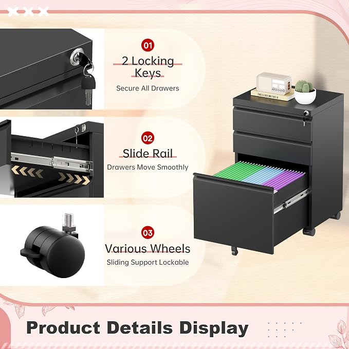 Superday Black File Cabinet 3 Drawer, Fully Assemble Metal Rolling Vertical Filing Cabinet with Wheels, Small Under Desk File Cabinets for Home Office