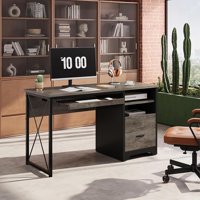 Bestier 47" Office Desk with Drawers, Industrial Computer Desk with Drawer, Reversible Teacher Desk with Storage & Keyboard Tray for Small Space Home Office & Studio, Gray Wash