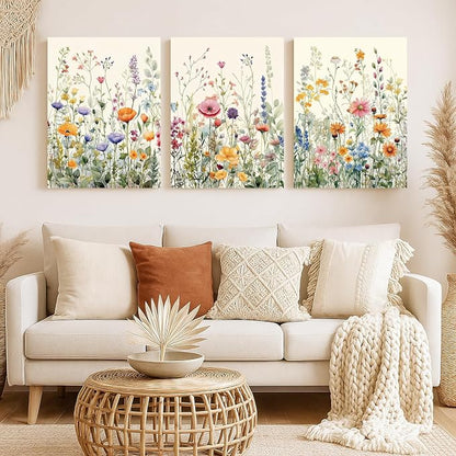 LLEEMPI Framed Watercolor Floral Wall Art Set of 3, Colorful Wildflower Wall Decor, Modern Abstract Botanical Canvas Painting, Rustic Farmhouse Poster Print for Bedroom Bathroom Office 16x24 Inch