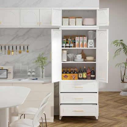 Metal Storage Cabinet with Doors and Shelves, 90" Tall Kitchen Pantry Storage Cabinets with 3 Drawer, White Pantry Closet, Steel Large Cupboard, High Leveling Feet- Assembly Required
