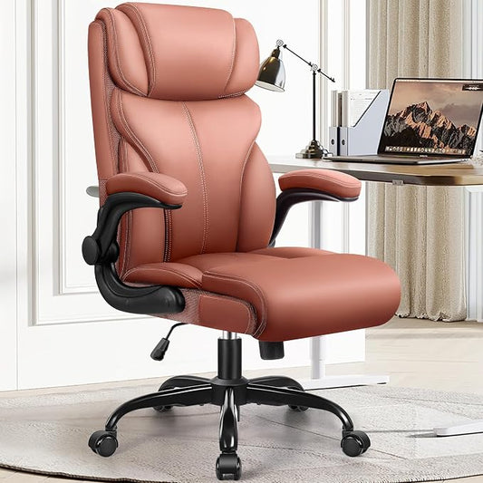 HeroSet Office Chair, Ergonomic Big and Tall Computer Desk Chairs, Executive Breathable Leather Chair with Adjustable Flip-up Armrests, Lumbar Support Swivel PC Chair with Rocking Function,Matte Brown