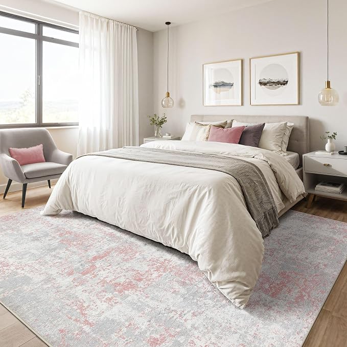 Pink Rug 5x8 Living Room: Washable Large Abstract Neutral Modern Soft Rug Stain Resistant Indoor Floor Non-Slip Accent Carpet for Girl Bedroom Nursery Playroom Office Dining Room Home