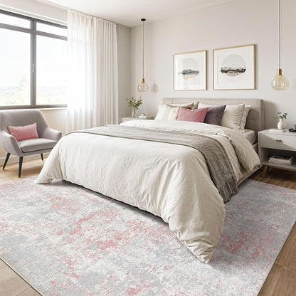 7x9 Area Rugs Living Room: Washable Large Abstract Neutral Modern Soft Rugs Stain Resistant Indoor Floor Non-Slip Accent Carpet for Girl Bedroom Nursery Playroom Office Dining Room Home- Pink Gray