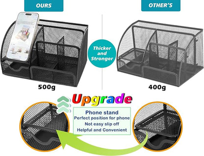 Boutilon Mesh Desk Organizer Desktop Office Supplies Stationary Organizer with 6 Compartments and 1 Drawer Multi-Functional Caddy Pen Holder for Home Office School Desk Decor(Black)