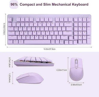 LeadsaiL Wireless Keyboard and Mouse Combo, 2.4Ghz Cordless Mechanical Keyboard and Silent Mouse for Business, Low-Profile Red Switch, 98-Key Compact Slim Keyboard for Windows/MacOS PC Laptop- Purple