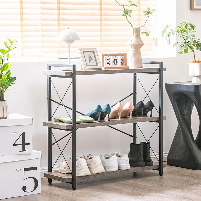 HCHQHS Bookshelf, 3-Tier Industrial Bookcase, Rustic Open Book Shelf, Freestanding Horizontal Bookshelves with Metal Frame