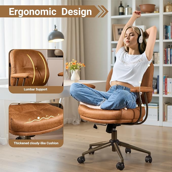 Ergonomic Home Office Chair, Mid-Century Faux Leather Home Office Desk Chairs with Wheels, Office Computer Chair with Rocking Swivel (Light Brown,Suede)