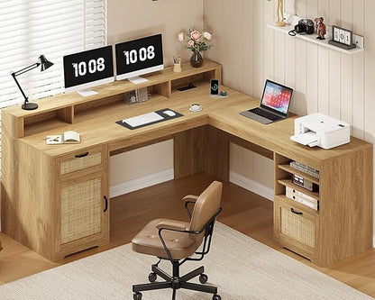 YOMILUVE 63" L Shaped Desk with Drawers, Farmhouse Corner Computer Desk with Power Outlets, Storage Cabinet, Home Office Executive Desk with Long Monitor Stand, Oak/Rattan