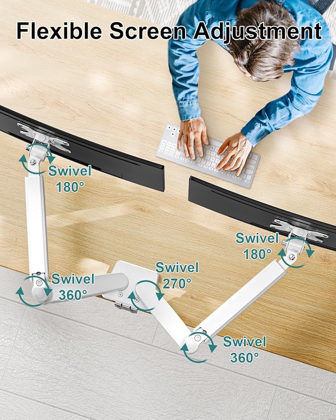 Dual Monitor Arm Desk Mount Fits 13 to 32 inch Computer Screens, Holds 4.4 to 19.8lbs Display VESA Mount, Adjustable Double Monitor Stand with Clamp/Grommet Base, 75/100mm Bracket, White, Freelift