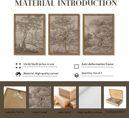Vintage Landscape Framed Wall Art Set of 3, Neutral Nature Wabi Sabi Canvas Wall Decor Painting, Rustic Retro Botanical Tree Artwork Prints Pictures for Farmhouse Living Room Bedroom 12x16 Inch