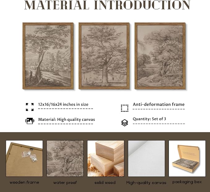 Vintage Landscape Framed Wall Art Set of 3, Neutral Nature Wabi Sabi Canvas Wall Decor Painting, Rustic Retro Botanical Tree Artwork Prints Pictures for Farmhouse Living Room Bedroom 16x24 Inch