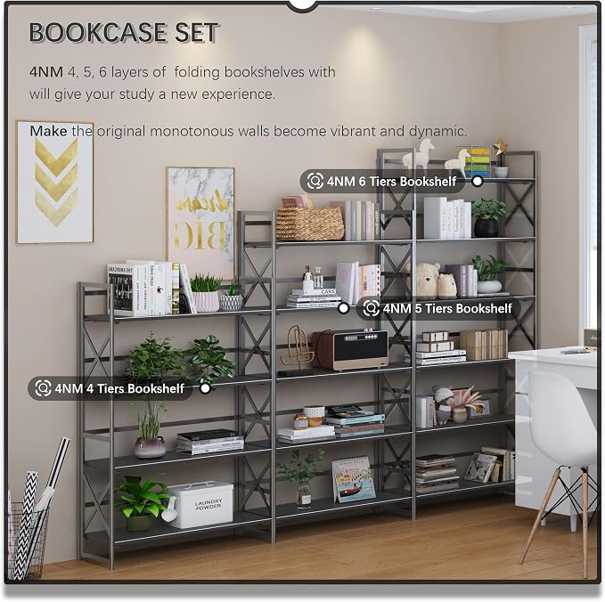 4NM Extra Wide 5 Tiers No Assembly Book Shelves, 51.2" H Folding Bookshelf Bookcase Open Industrial Foldable Shelves for Bedroom, Living Room, Home Office - All Black