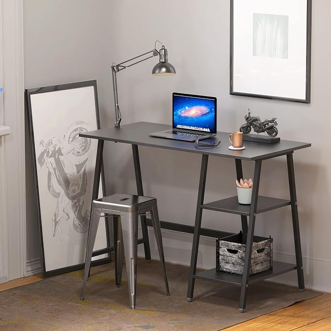 SHW 43-Inch Home Office Trestle Computer Desk with Open Storage Shelves, Black