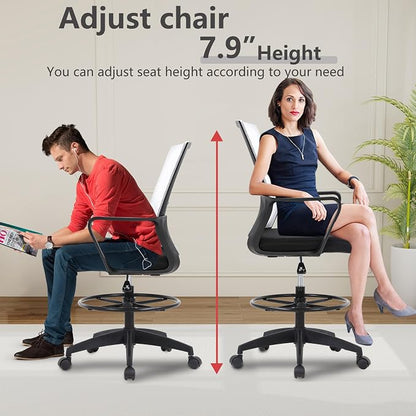 BestOffice Drafting Chair Tall Office Chair Adjustable Swivel Rolling Mesh Height with Lumbar Support Arms Footrest Mid Back for Adults Standing Desk Drafting Stool (Beige)