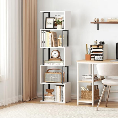 Yusong Bookshelf 5-Tier, Geometric Bookcase S Shaped Book Shelves for Bedroom, Modern Wood Decorative Display Shelf Book Case for Home Office, White and Black